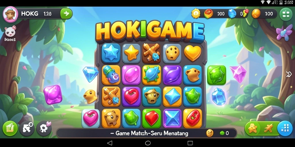 Screenshot gameplay HOKIGAME yang menunjukkan aksi Match-3 yang seru.