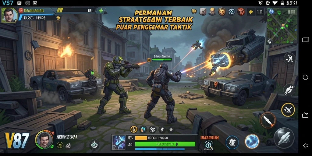 Screenshot gameplay V87 yang menunjukkan aksi strategi epik.