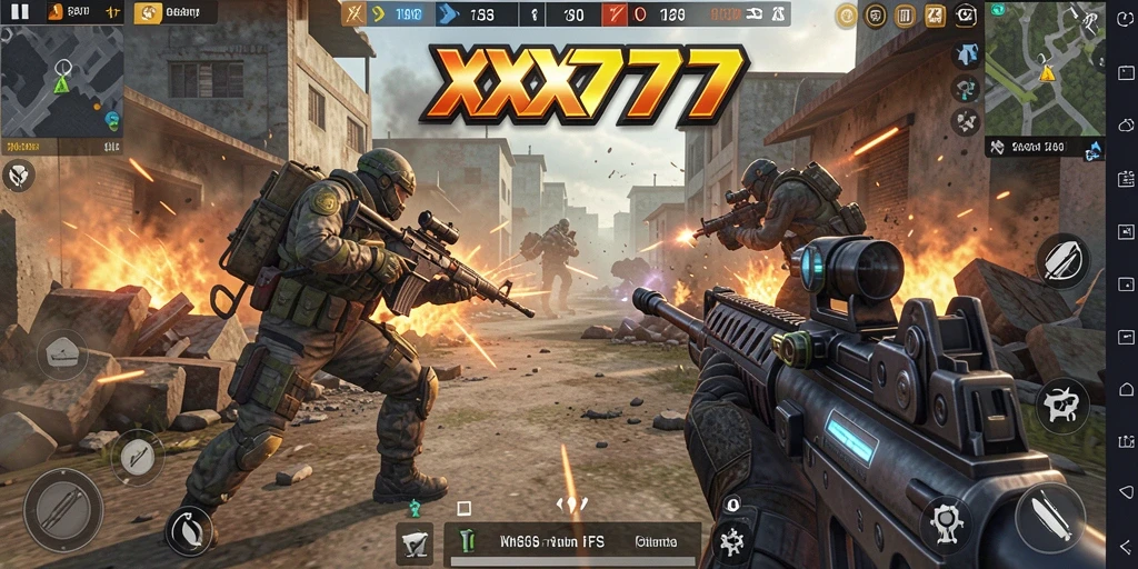 Screenshot XXX777 menunjukkan aksi menegangkan dalam pertempuran FPS.
